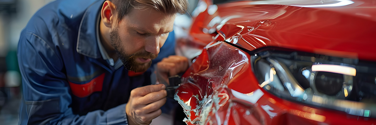 Collision repair tech inspecting damage on a vehicle